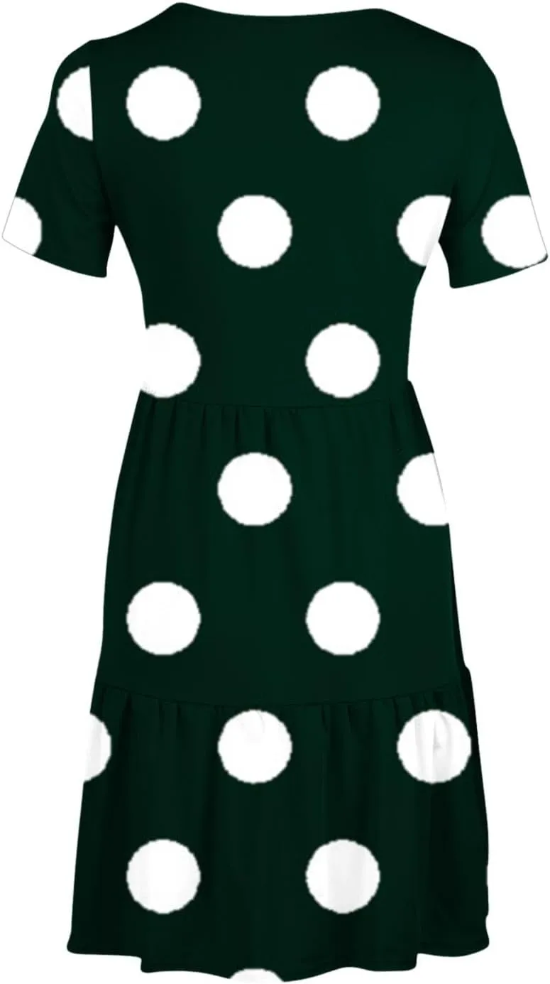 Women's Summer Midi Dress with Pockets Polka Dot Graphic T-Shirt Dress Casual Fashion Short Sleeve Ruffle Sundress