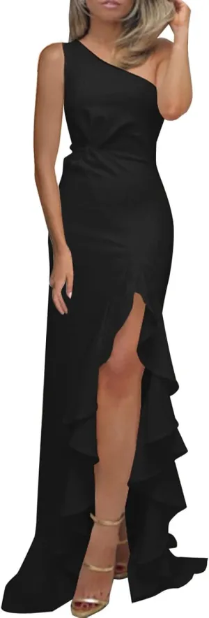 Women's Summer One Shoulder Long Formal Dresses Ruffle Hem Sleeveless Ruched Bodycon Wedding Guest Slit Maxi Dress