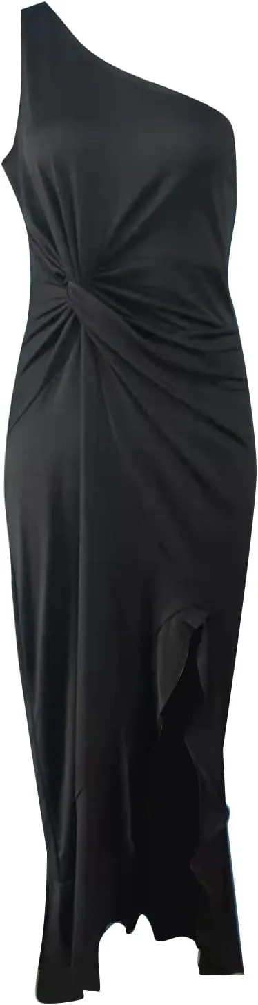 Women's Summer One Shoulder Long Formal Dresses Ruffle Hem Sleeveless Ruched Bodycon Wedding Guest Slit Maxi Dress