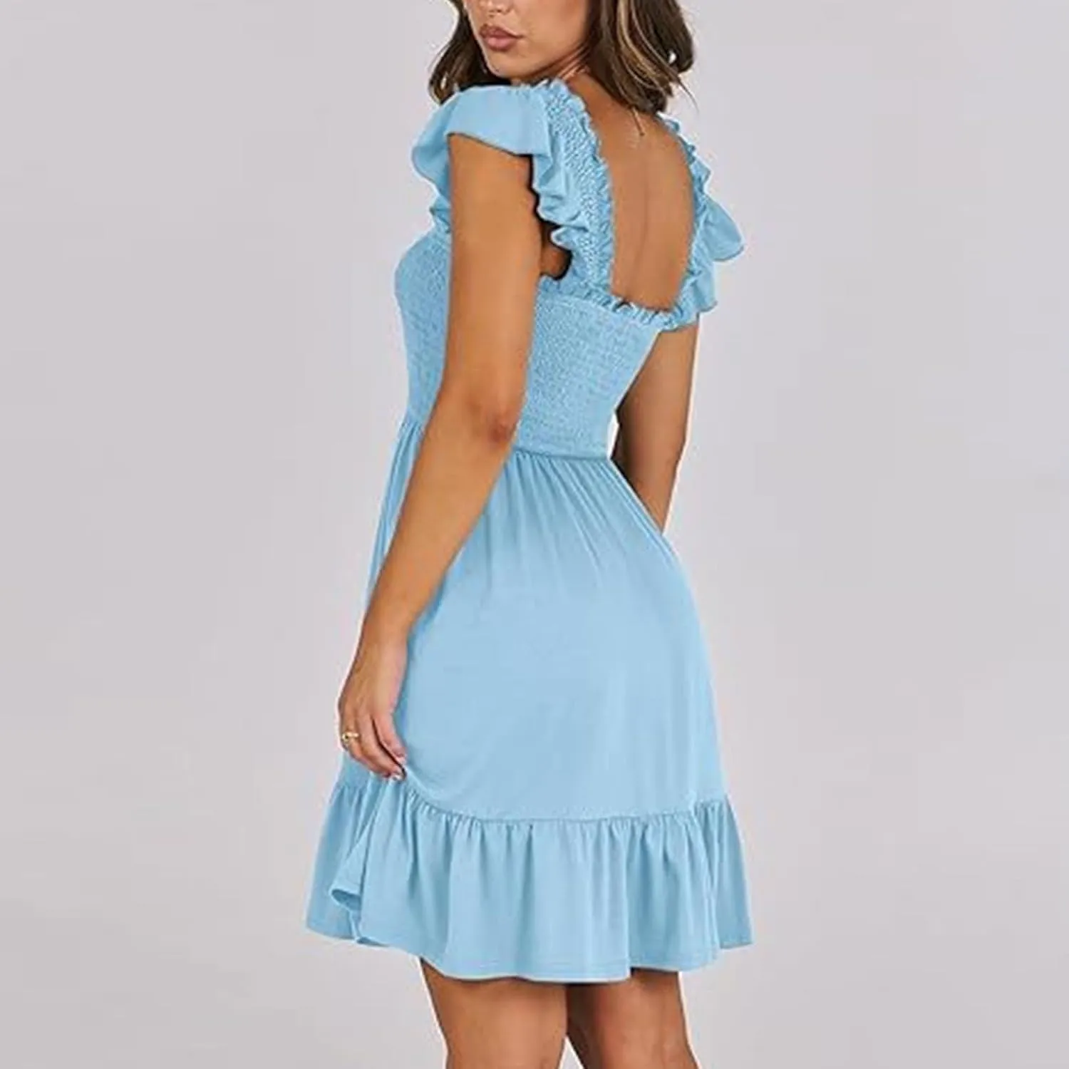 Women's Summer Ruffle Sleeve Sweetheart Neckline Floral Print Mini Dress Casual A-Line Flowy Sundress for Beachwear