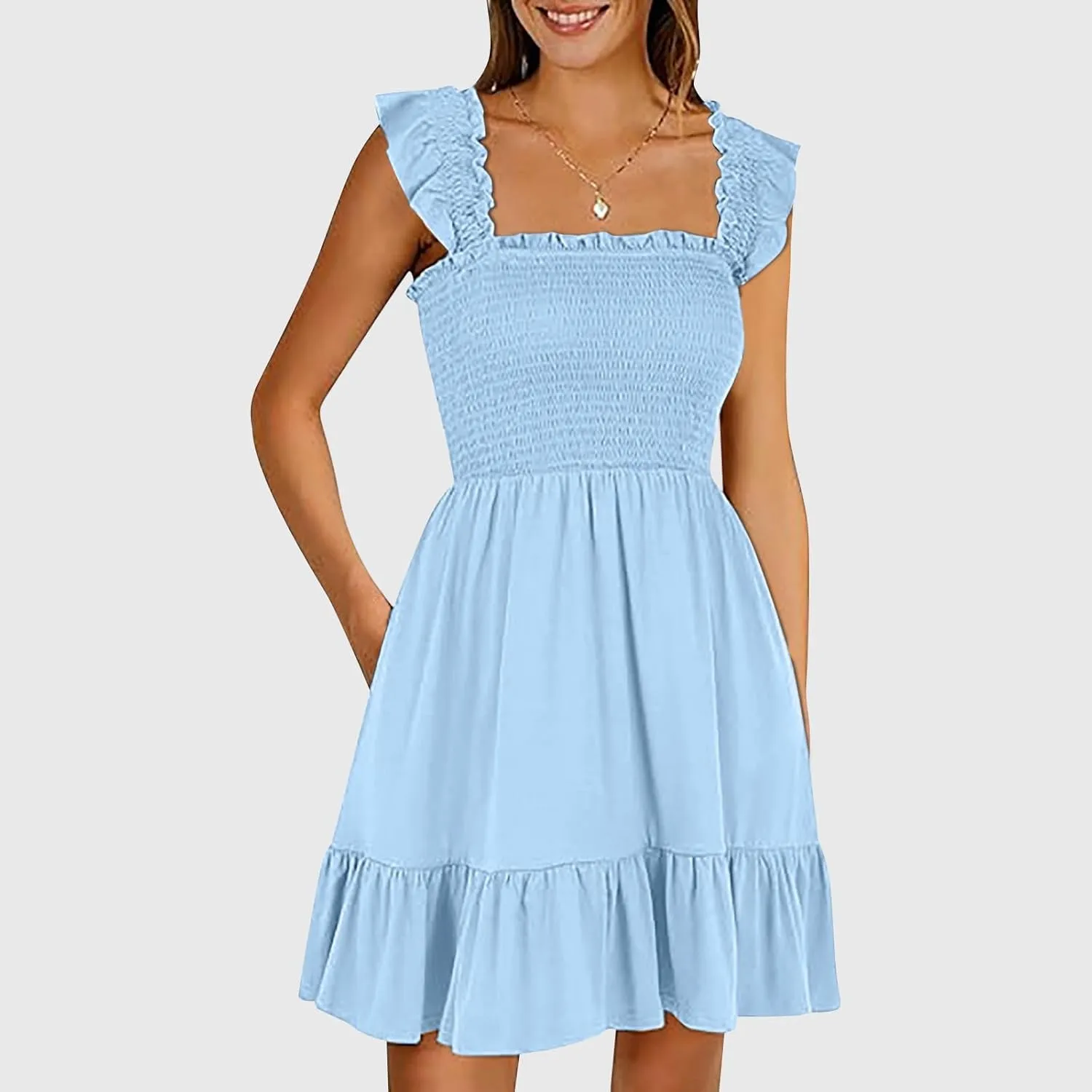 Women's Summer Ruffle Sleeve Sweetheart Neckline Floral Print Mini Dress Casual A-Line Flowy Sundress for Beachwear