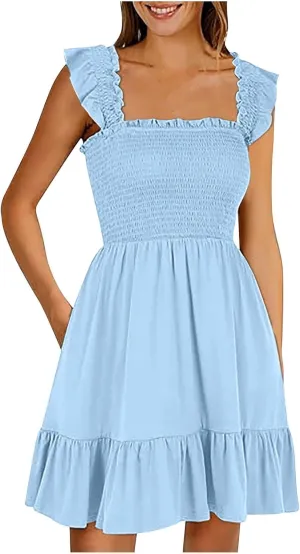 Women's Summer Ruffle Sleeve Sweetheart Neckline Floral Print Mini Dress Casual A-Line Flowy Sundress for Beachwear