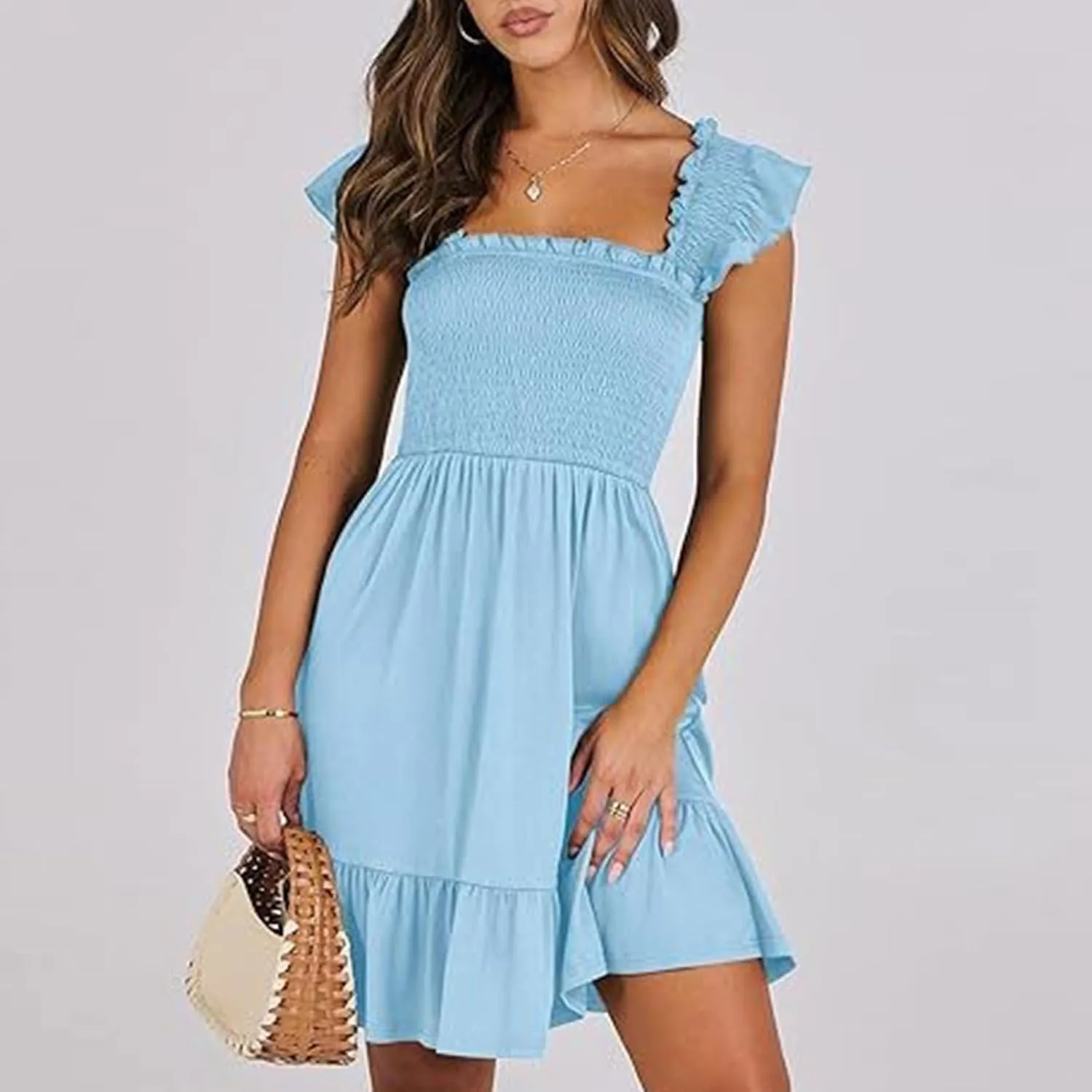 Women's Summer Ruffle Sleeve Sweetheart Neckline Floral Print Mini Dress Casual A-Line Flowy Sundress for Beachwear