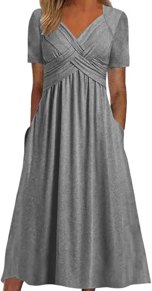 Women's Summer Short Sleeve A-Line Midi Dresses Casual Floral T-Shirt Dress Flowy Beach Sundress with Pockets