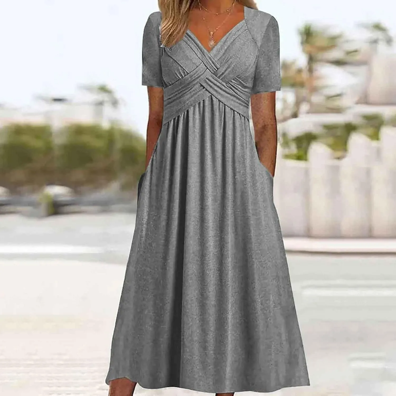 Women's Summer Short Sleeve A-Line Midi Dresses Casual Floral T-Shirt Dress Flowy Beach Sundress with Pockets