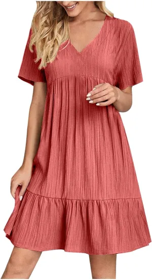 Womens Summer Short Sleeve Dresses V Neck Casual Solid Ruffle Tiered Layered Flowy A-Line Dress 2025 Beach Vacation