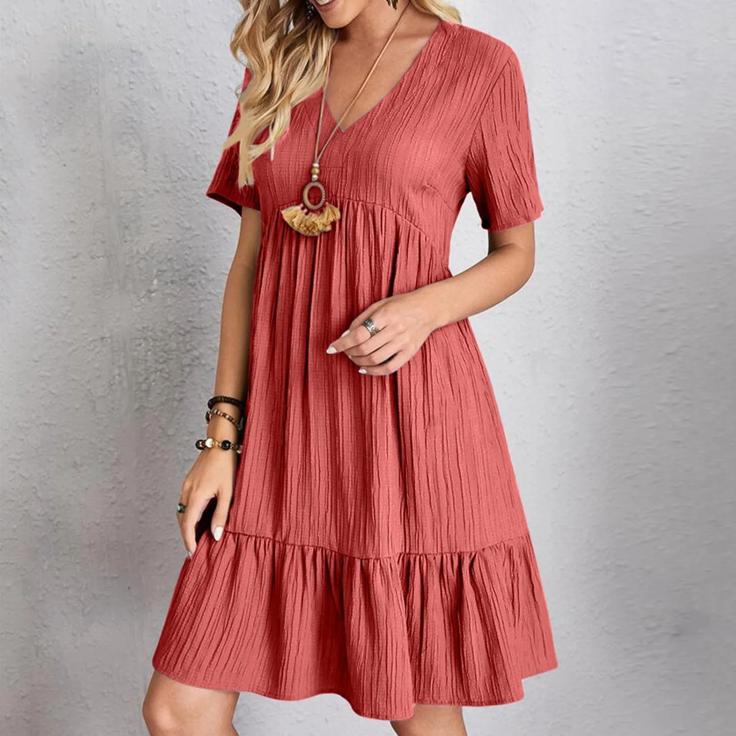 Womens Summer Short Sleeve Dresses V Neck Casual Solid Ruffle Tiered Layered Flowy A-Line Dress 2025 Beach Vacation