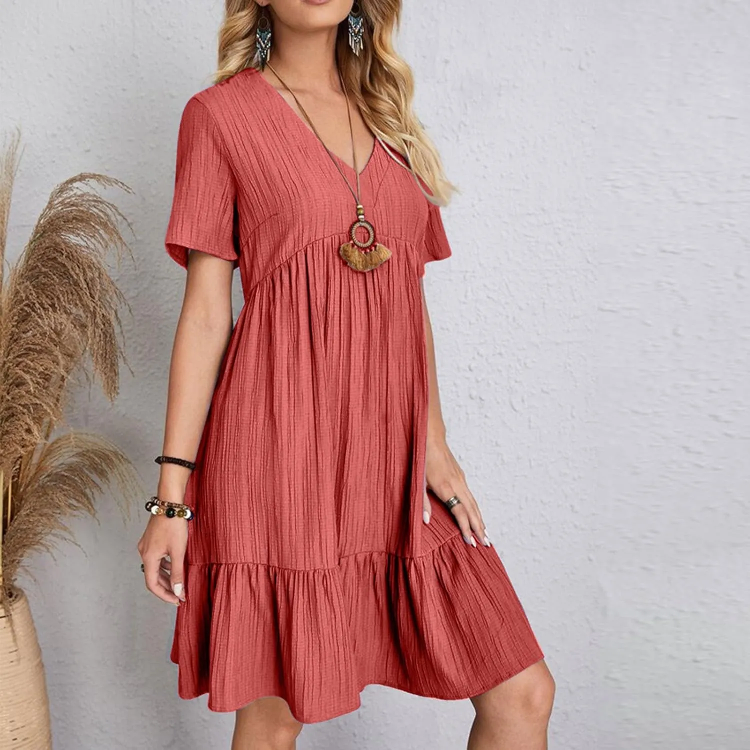 Womens Summer Short Sleeve Dresses V Neck Casual Solid Ruffle Tiered Layered Flowy A-Line Dress 2025 Beach Vacation