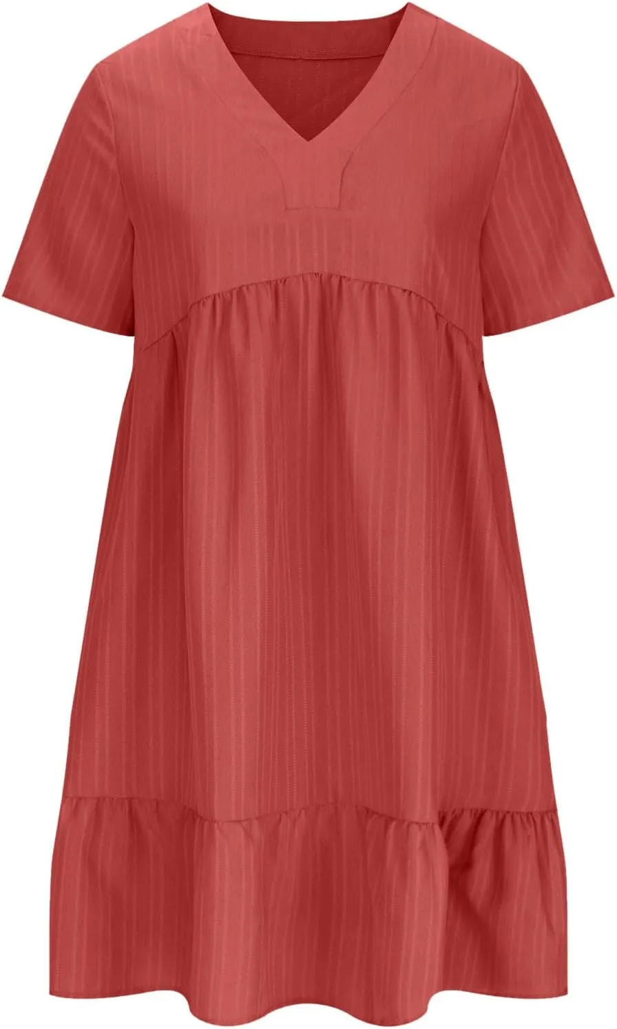 Womens Summer Short Sleeve Dresses V Neck Casual Solid Ruffle Tiered Layered Flowy A-Line Dress 2025 Beach Vacation