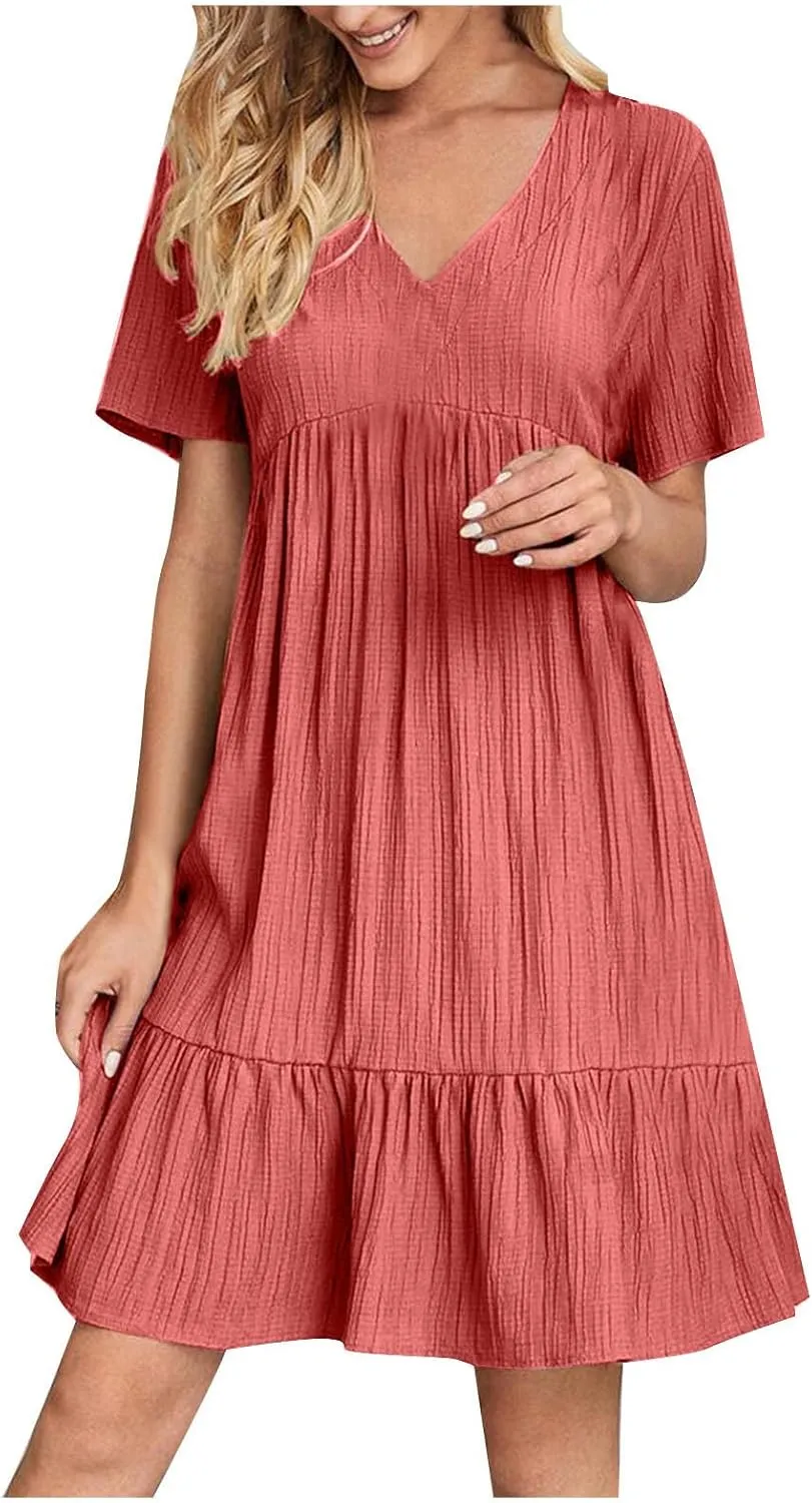 Womens Summer Short Sleeve Dresses V Neck Casual Solid Ruffle Tiered Layered Flowy A-Line Dress 2025 Beach Vacation