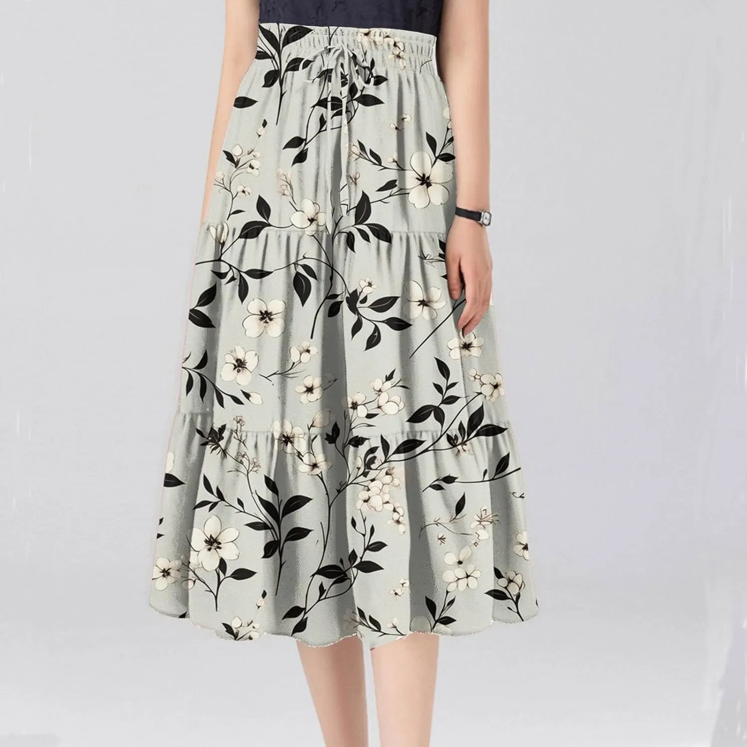 Women's Summer Skirt 2025 Ditzy Floral Print Skirt Boho Stretch High Waist Ruffle Hem Midi Skirts, S-XL
