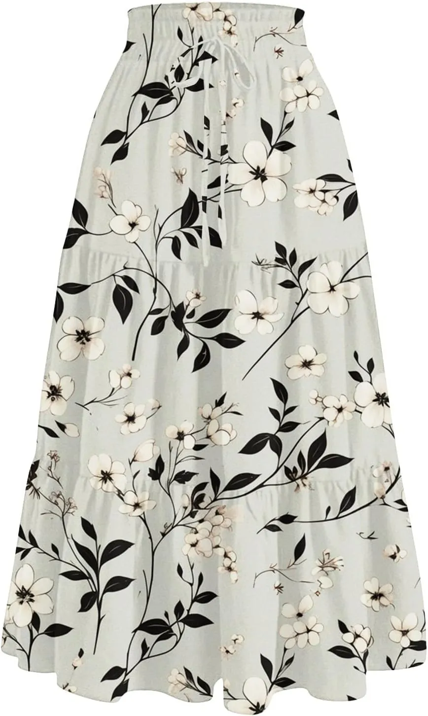Women's Summer Skirt 2025 Ditzy Floral Print Skirt Boho Stretch High Waist Ruffle Hem Midi Skirts, S-XL