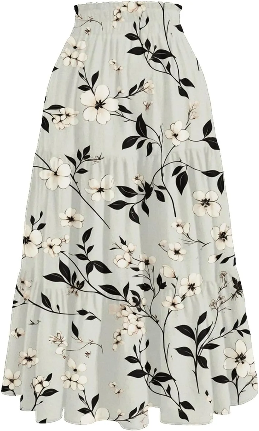 Women's Summer Skirt 2025 Ditzy Floral Print Skirt Boho Stretch High Waist Ruffle Hem Midi Skirts, S-XL