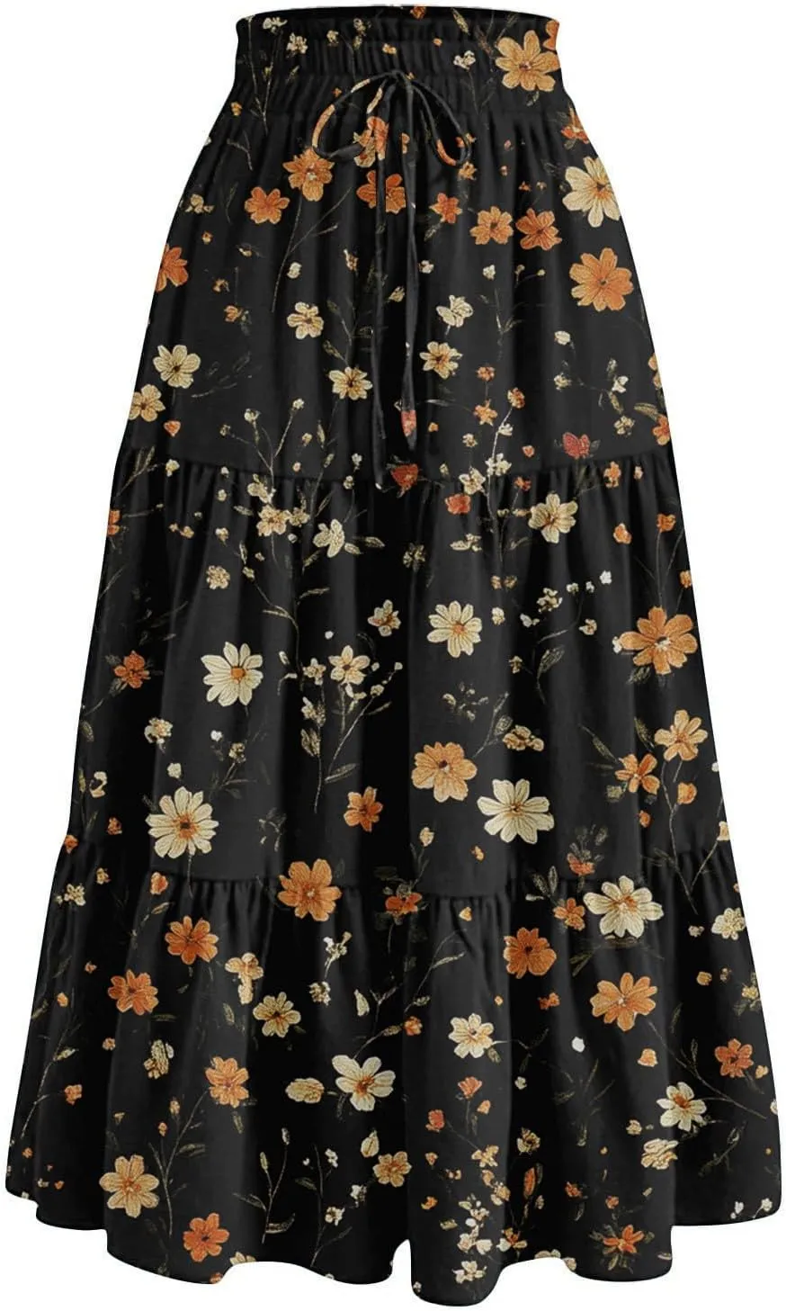 Women's Summer Skirt 2025 Ditzy Floral Print Skirt Boho Stretch High Waist Ruffle Hem Midi Skirts, S-XL