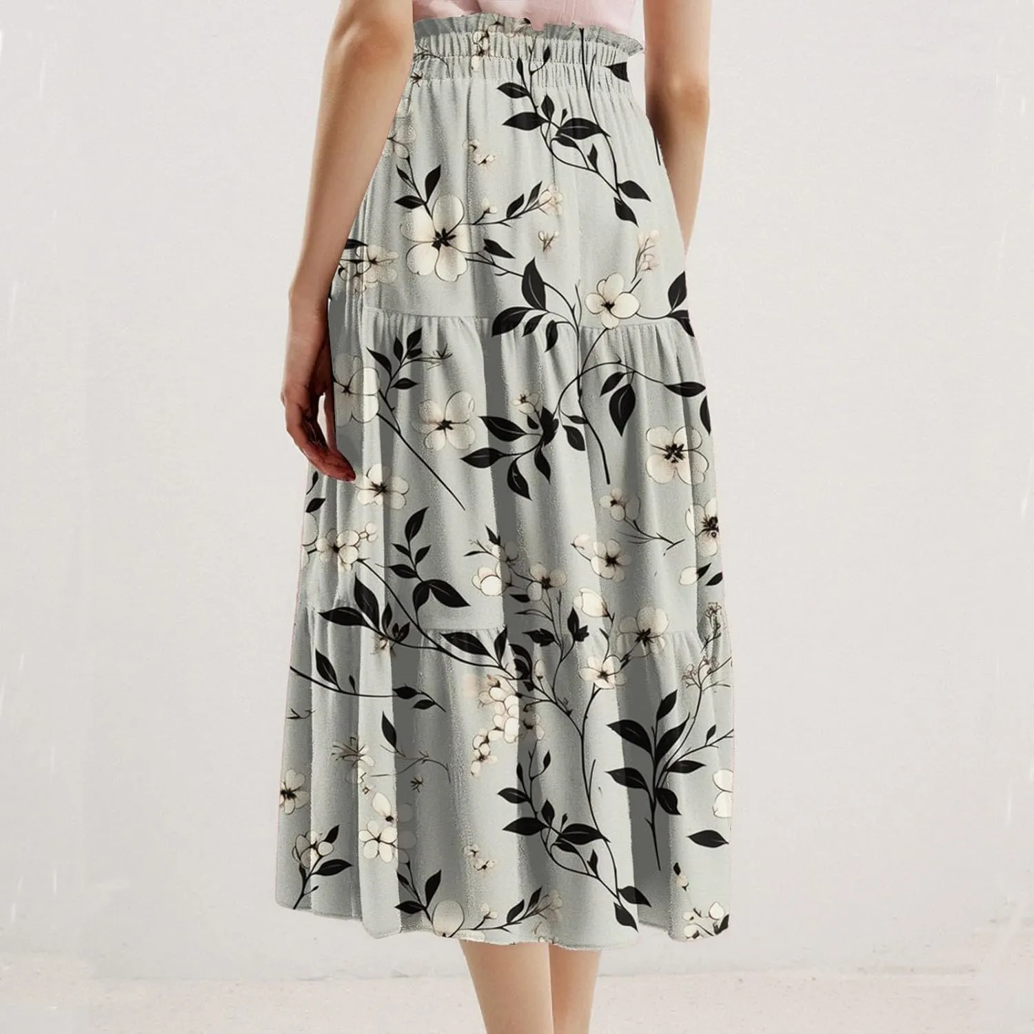 Women's Summer Skirt 2025 Ditzy Floral Print Skirt Boho Stretch High Waist Ruffle Hem Midi Skirts, S-XL