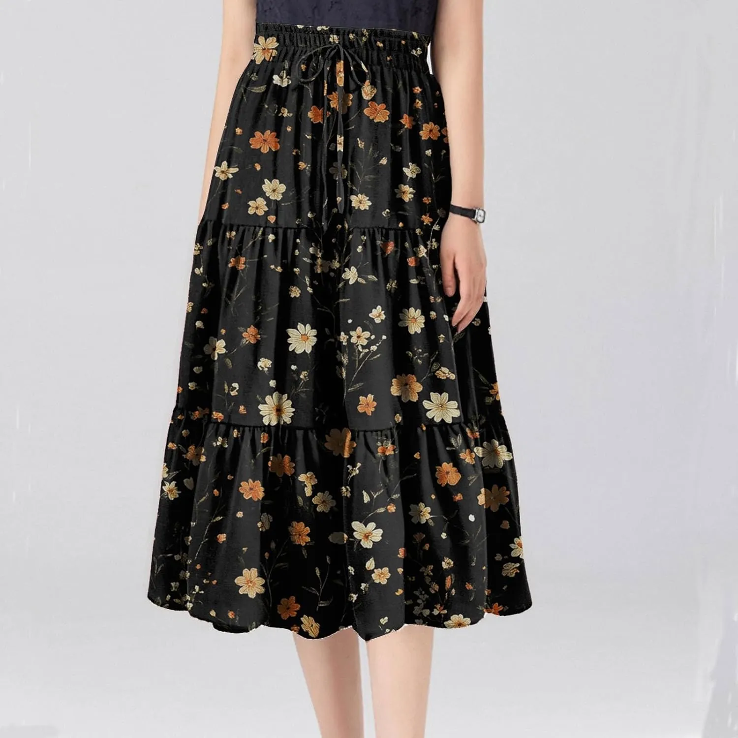 Women's Summer Skirt 2025 Ditzy Floral Print Skirt Boho Stretch High Waist Ruffle Hem Midi Skirts, S-XL