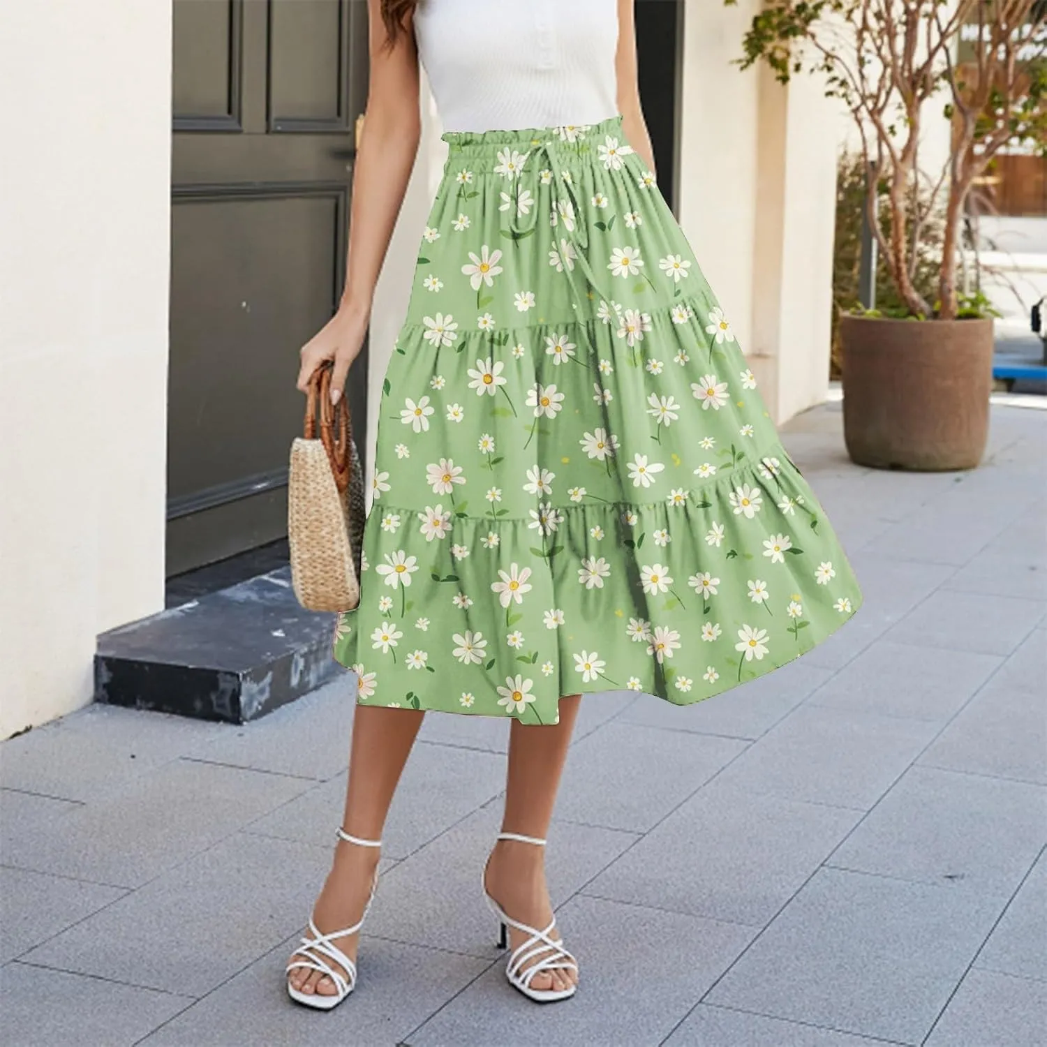 Women's Summer Skirt 2025 Ditzy Floral Print Skirt Boho Stretch High Waist Ruffle Hem Midi Skirts, S-XL