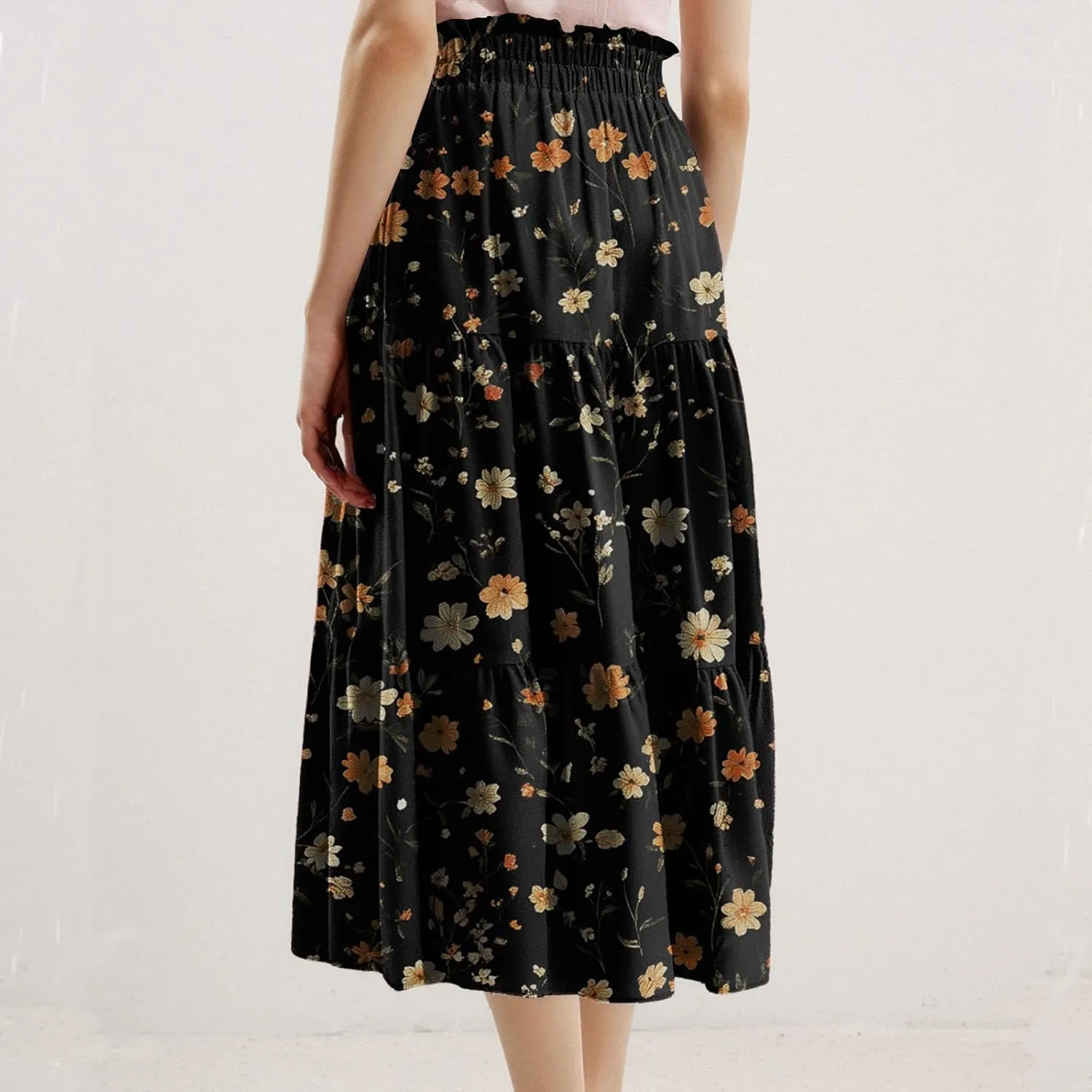 Women's Summer Skirt 2025 Ditzy Floral Print Skirt Boho Stretch High Waist Ruffle Hem Midi Skirts, S-XL