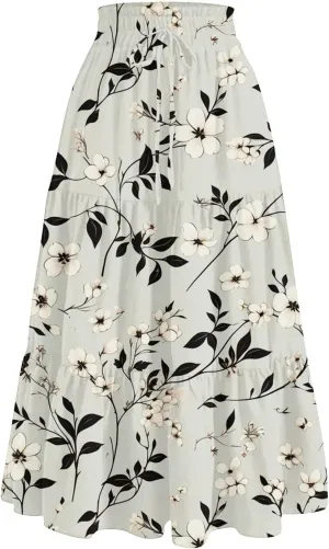 Women's Summer Skirt 2025 Ditzy Floral Print Skirt Boho Stretch High Waist Ruffle Hem Midi Skirts, S-XL