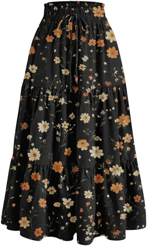 Women's Summer Skirt 2025 Ditzy Floral Print Skirt Boho Stretch High Waist Ruffle Hem Midi Skirts, S-XL