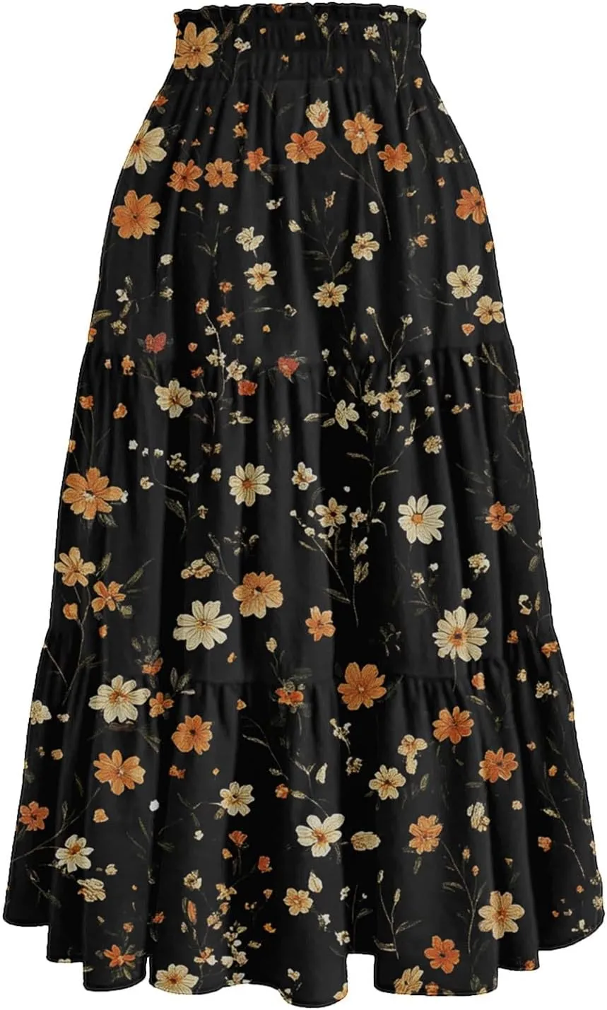 Women's Summer Skirt 2025 Ditzy Floral Print Skirt Boho Stretch High Waist Ruffle Hem Midi Skirts, S-XL