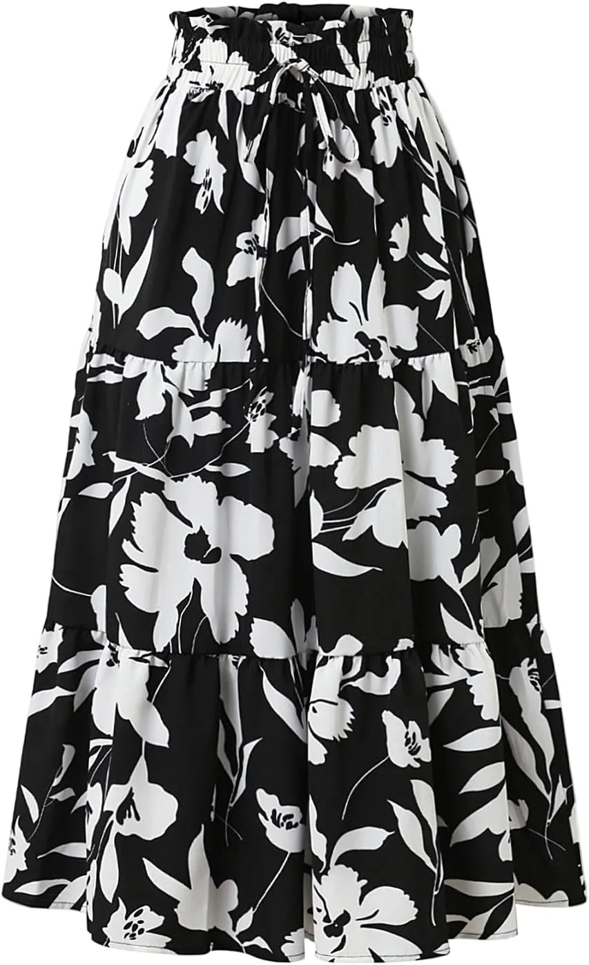 Womens Summer Skirts Midi Length Drawstring High Waist Skirts Below Knee Ruffle Tiered A Line Floral Print Beach Skirt