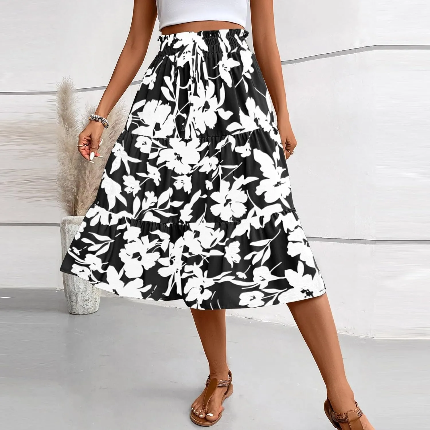 Womens Summer Skirts Midi Length Drawstring High Waist Skirts Below Knee Ruffle Tiered A Line Floral Print Beach Skirt