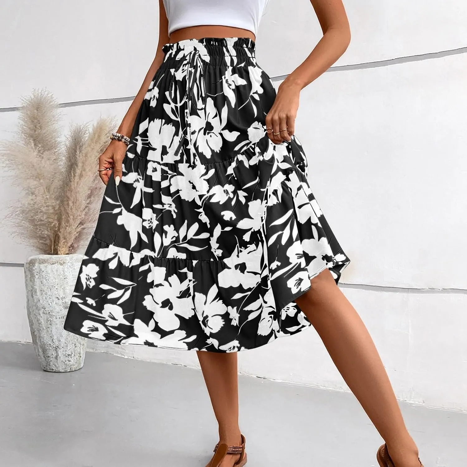 Womens Summer Skirts Midi Length Drawstring High Waist Skirts Below Knee Ruffle Tiered A Line Floral Print Beach Skirt