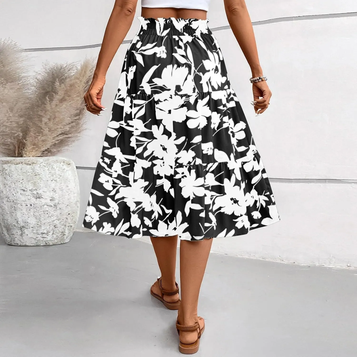 Womens Summer Skirts Midi Length Drawstring High Waist Skirts Below Knee Ruffle Tiered A Line Floral Print Beach Skirt
