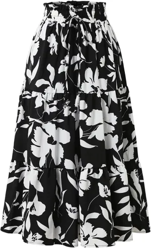 Womens Summer Skirts Midi Length Drawstring High Waist Skirts Below Knee Ruffle Tiered A Line Floral Print Beach Skirt