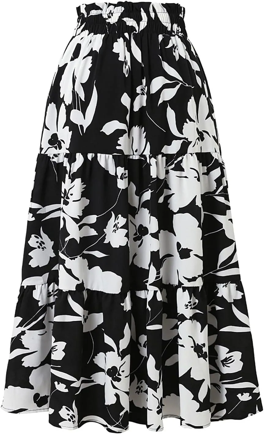 Womens Summer Skirts Midi Length Drawstring High Waist Skirts Below Knee Ruffle Tiered A Line Floral Print Beach Skirt