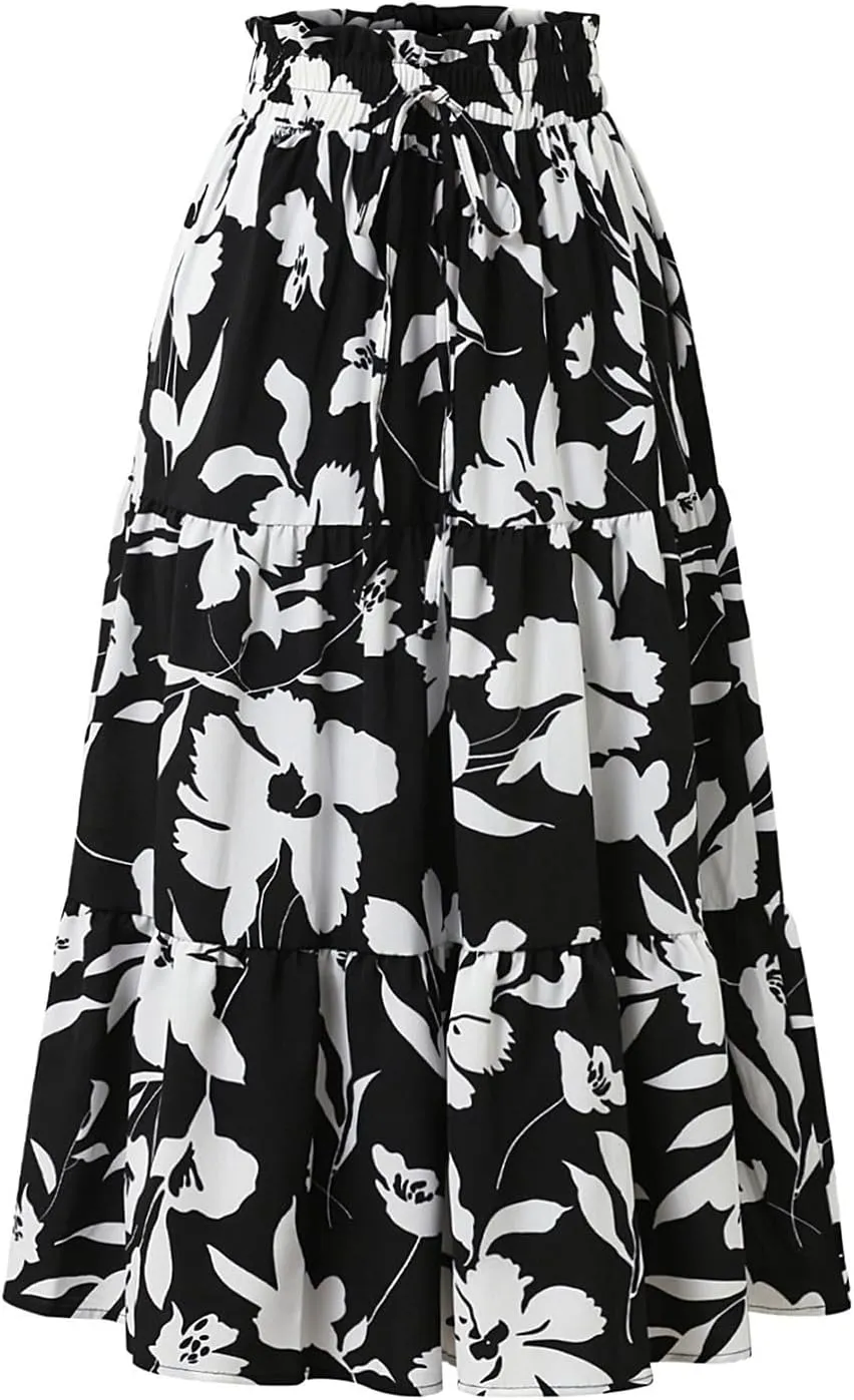 Womens Summer Skirts Midi Length Drawstring High Waist Skirts Below Knee Ruffle Tiered A Line Floral Print Beach Skirt