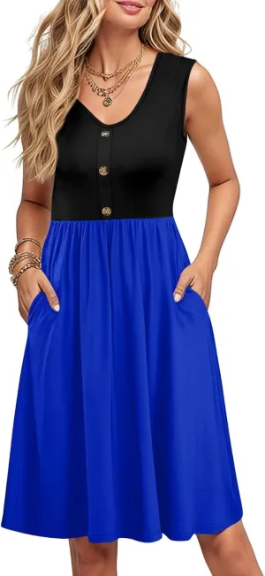 Womens Summer Sleeveless Dresses Color Block Casual Swing Sundress with Pockets Lightweight V-Neck Beach Dress 2025