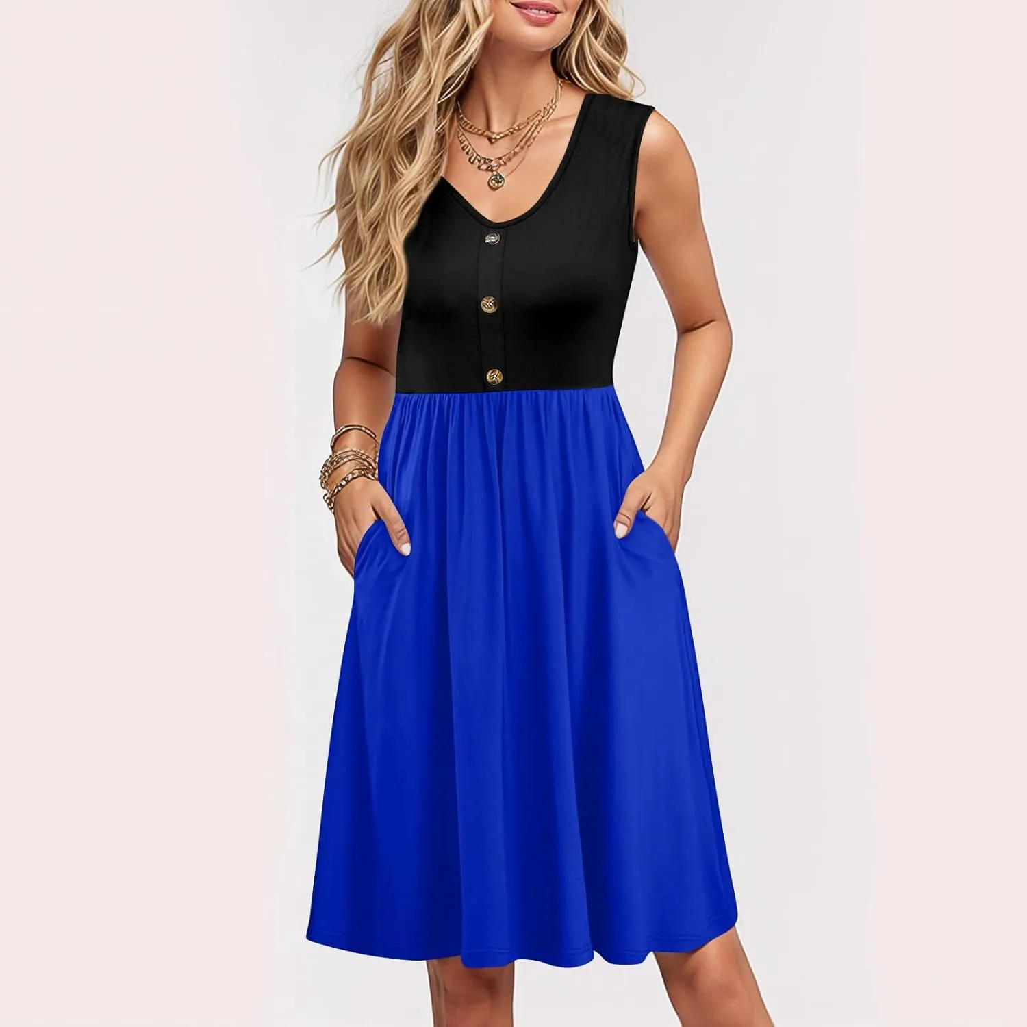 Womens Summer Sleeveless Dresses Color Block Casual Swing Sundress with Pockets Lightweight V-Neck Beach Dress 2025