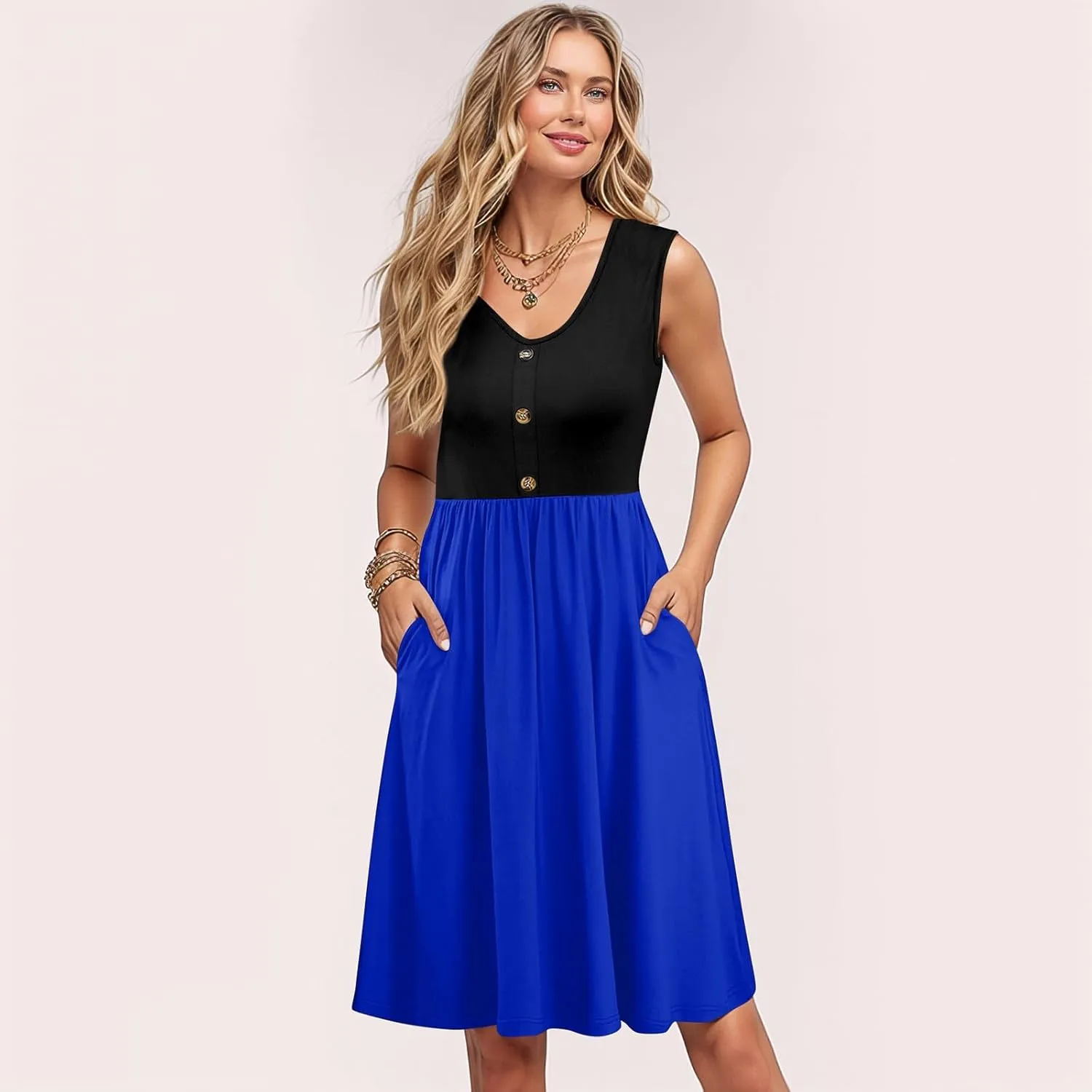 Womens Summer Sleeveless Dresses Color Block Casual Swing Sundress with Pockets Lightweight V-Neck Beach Dress 2025