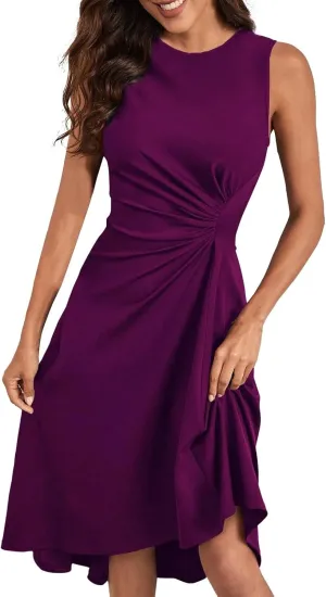 Women's Summer Sleeveless Dresses Ruched Waist Crew Neck A Line High Midi Flowy Dressy Casual Cocktail Party Dress