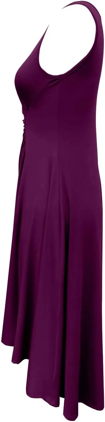 Women's Summer Sleeveless Dresses Ruched Waist Crew Neck A Line High Midi Flowy Dressy Casual Cocktail Party Dress