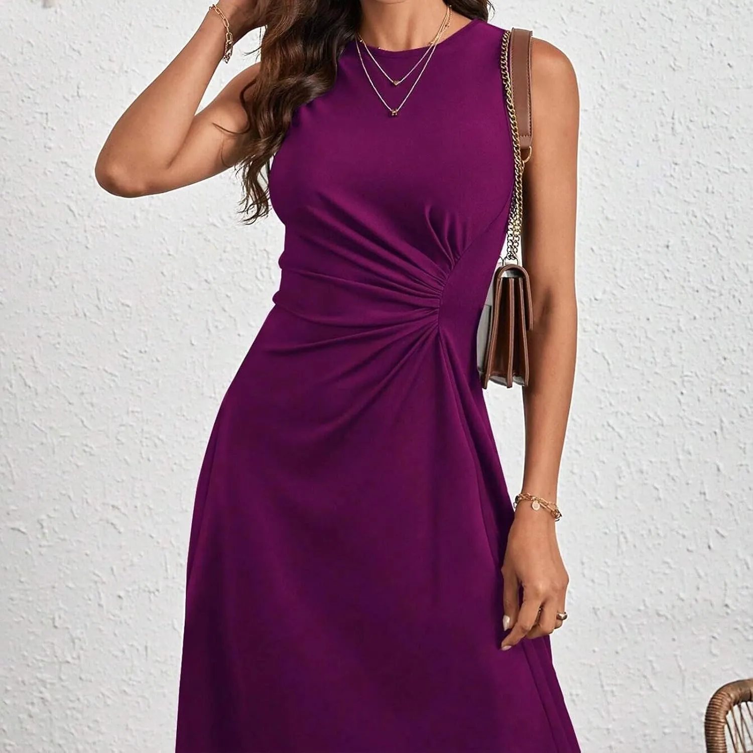 Women's Summer Sleeveless Dresses Ruched Waist Crew Neck A Line High Midi Flowy Dressy Casual Cocktail Party Dress