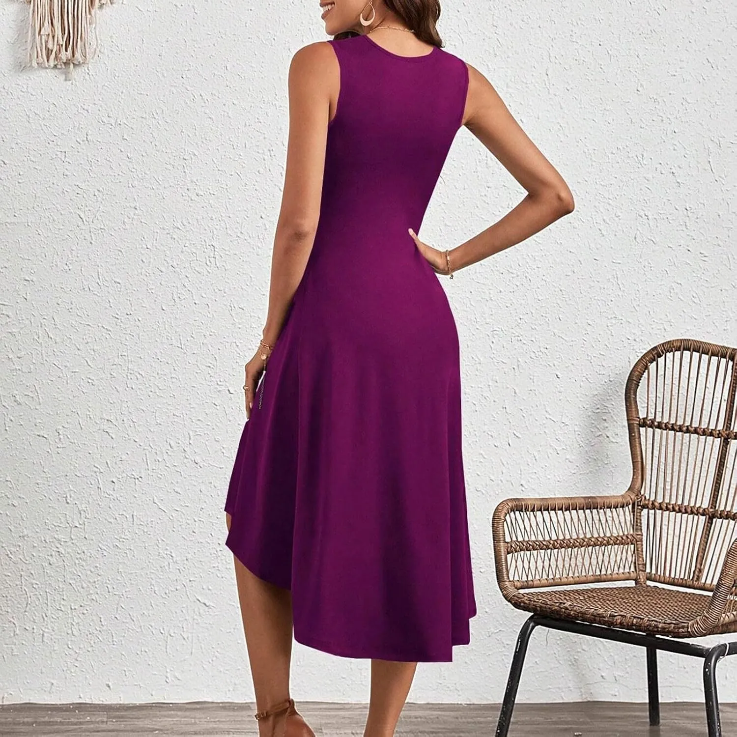Women's Summer Sleeveless Dresses Ruched Waist Crew Neck A Line High Midi Flowy Dressy Casual Cocktail Party Dress
