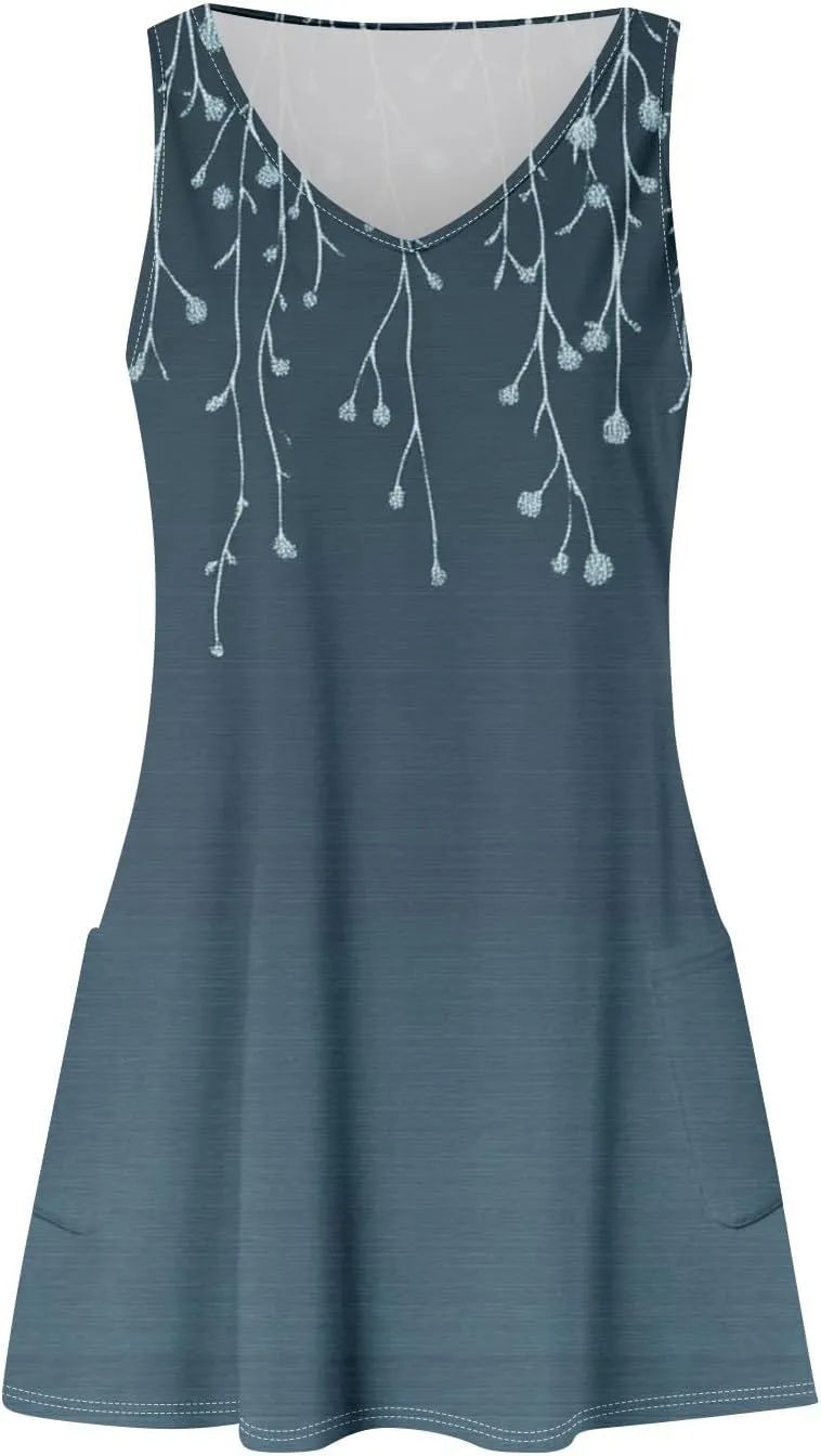 Women's Summer Sleeveless V-Neck Floral Print Casual Loose Beach Dress Lightweight and Breathable Summer