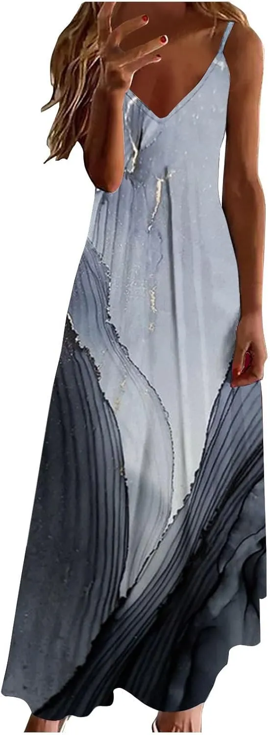 Women's Summer Spaghetti Strap Elegant Long Dresses Plus Size Vacation Flowy Beach Dress Loose Floor Length Dress Vacation Dresses for Women Gray M