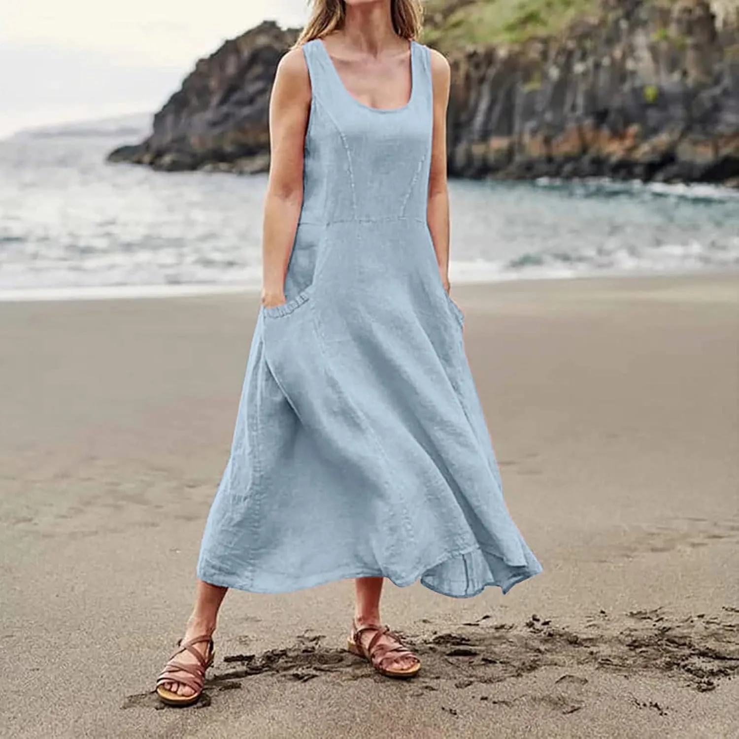 Womens Summer Tank Dresses Casual Beach Floral Sleeveless Linen or Cotton Maxi Dress Travel Outfits Sundress