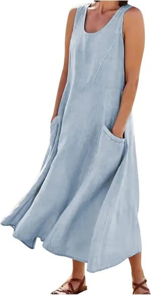 Womens Summer Tank Dresses Casual Beach Floral Sleeveless Linen or Cotton Maxi Dress Travel Outfits Sundress