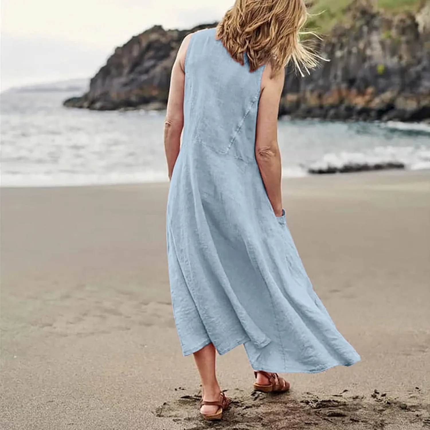 Womens Summer Tank Dresses Casual Beach Floral Sleeveless Linen or Cotton Maxi Dress Travel Outfits Sundress