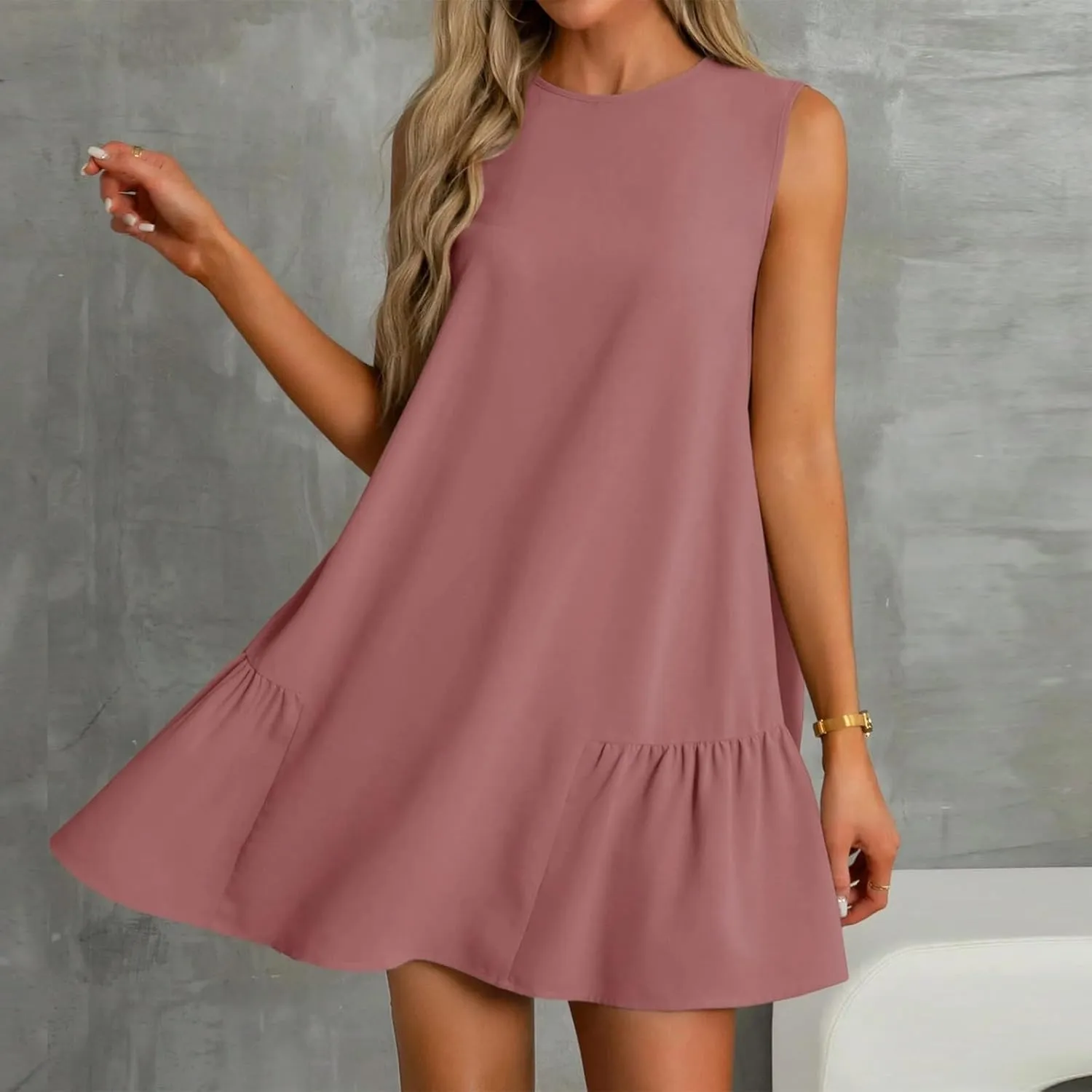 Womens Sundress-2025 Summer Modest Sleeveless Mini Ruffle Dress with Pocket