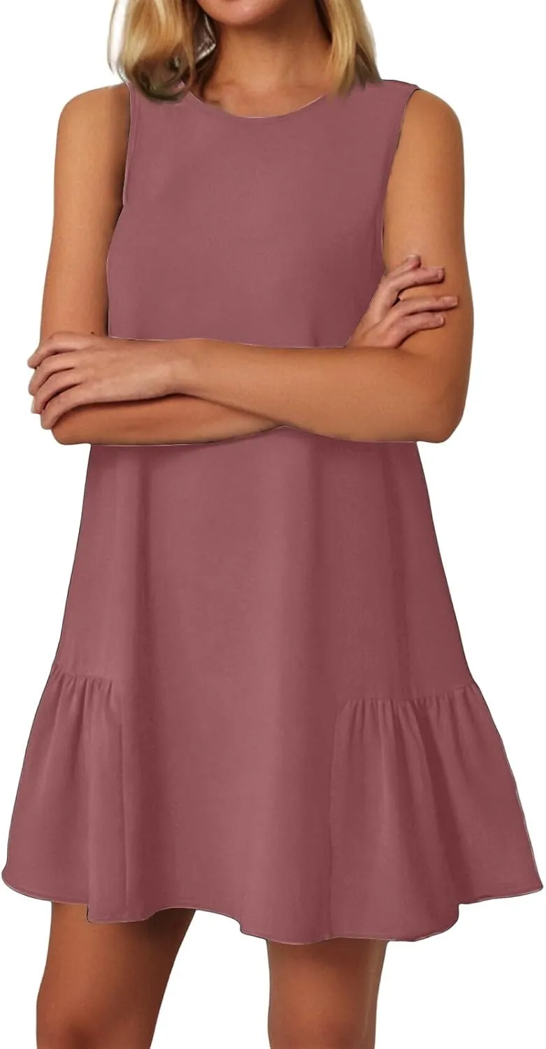 Womens Sundress-2025 Summer Modest Sleeveless Mini Ruffle Dress with Pocket