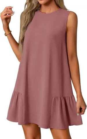 Womens Sundress-2025 Summer Modest Sleeveless Mini Ruffle Dress with Pocket