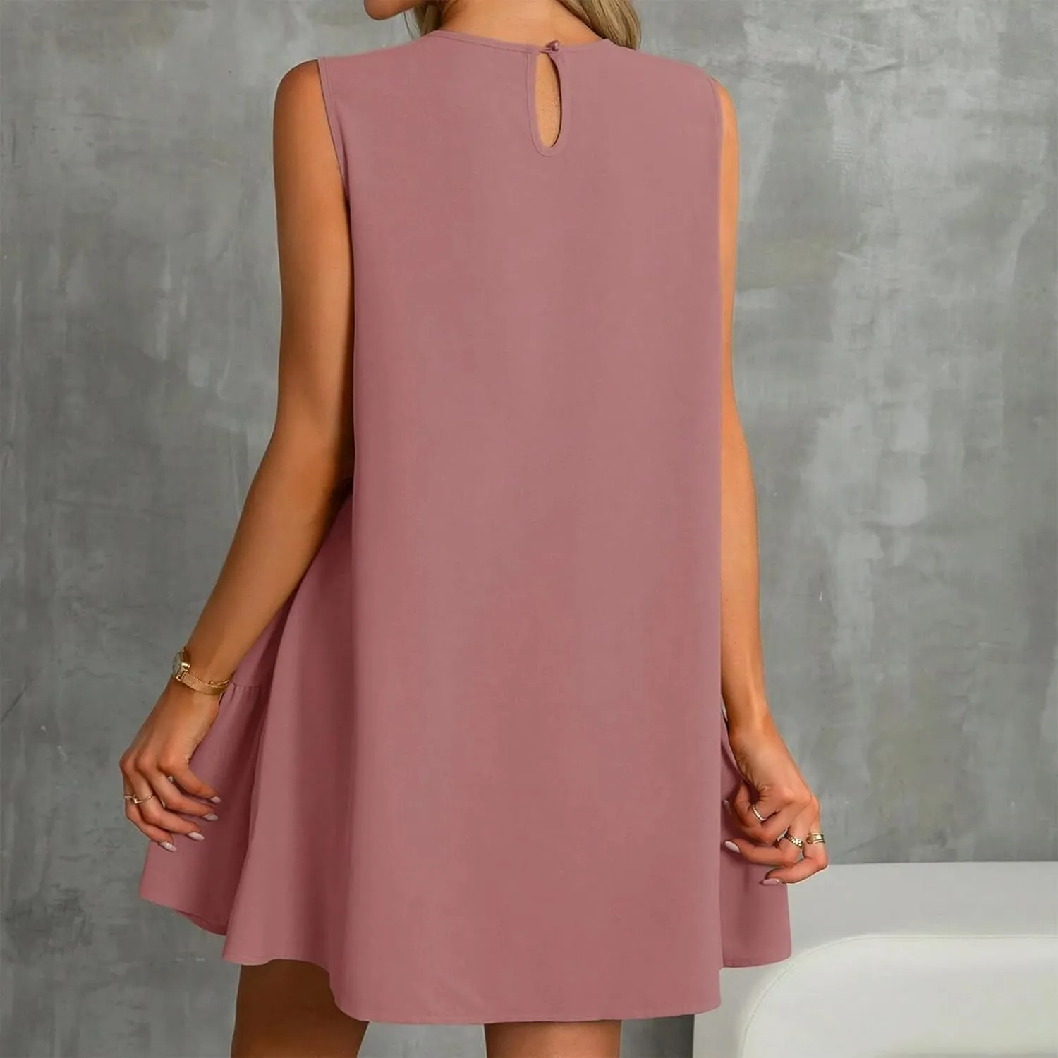 Womens Sundress-2025 Summer Modest Sleeveless Mini Ruffle Dress with Pocket