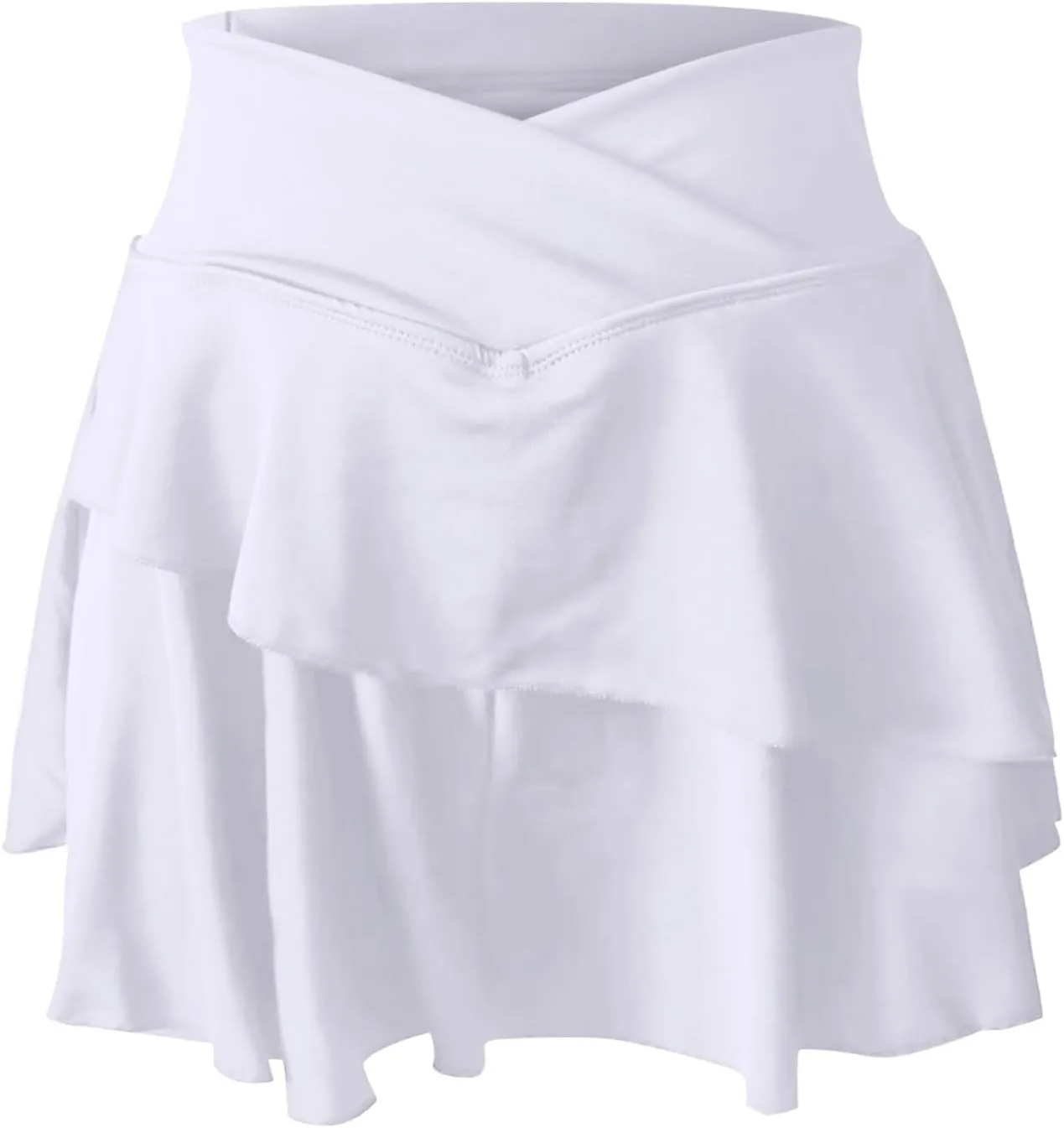 Womens Tennis Mini Skirt Crossover High Waisted Athletic Golf Skorts Running Workout Layered Pleated Ruffle Hem 2 in 1 Shorts
