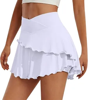 Womens Tennis Mini Skirt Crossover High Waisted Athletic Golf Skorts Running Workout Layered Pleated Ruffle Hem 2 in 1 Shorts